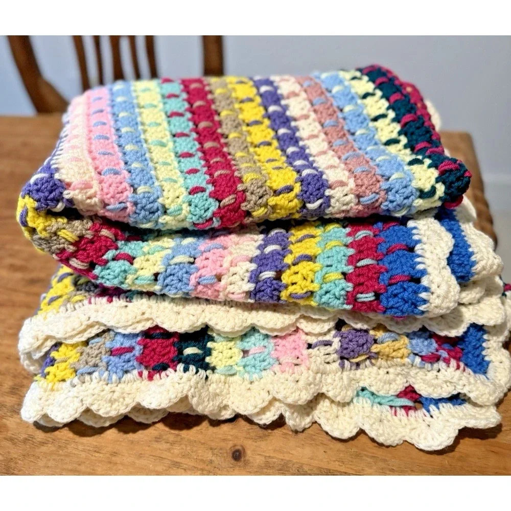 Hand Crochet Afghan Blanket Throw Red Green Blue Yellow Pink Purple